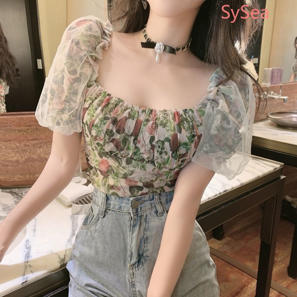 Áo Croptop Tay Phồng Phối Lưới In Họa Tiết Hoa Phong Cách Retro