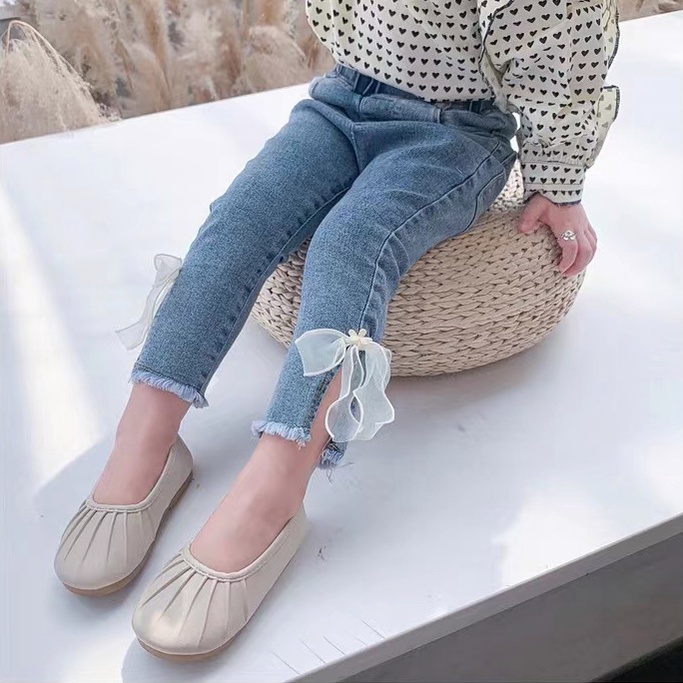 Quần Jean Co Giãn Gắn Nơ Phong Cách Hàn Quốc Thời Trang Mùa Xuân Thu Dành Cho Bé Gái 0-9 Tuổi