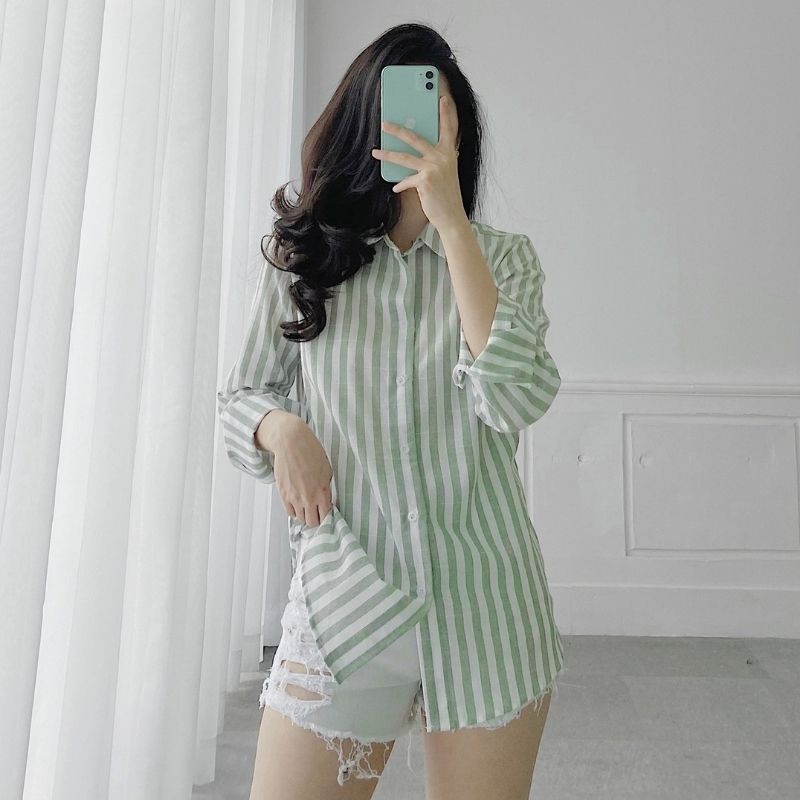 Áo sơ mi kẻ sọc nữ retro form rộng phong cách công sở nhiều màu cực đẹp 2202