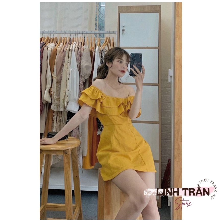 Đầm Midi Trễ Vai Linen Vàng 🦋FREESHIP🦋 Váy Xòe Vai Bèo Linh Trần Store