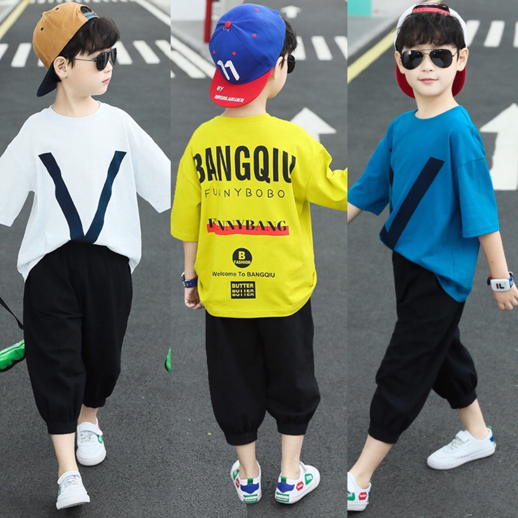 Bộ quần áo cotton hè "V LM" 14-45kg cho bé trai 4-14 tuổi. Thoáng mát, thấm hút mồ hôi. STG6