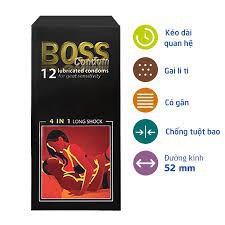 [BCS giá sỉ]Bao cao su Boss 4 in 1, gân gai, siêu mỏng, kéo dài thời gian, hộp 12 cái