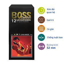 Bao cao su Boss 4 in 1, gân gai, siêu mỏng, kéo dài thời gian, hộp 12 cái