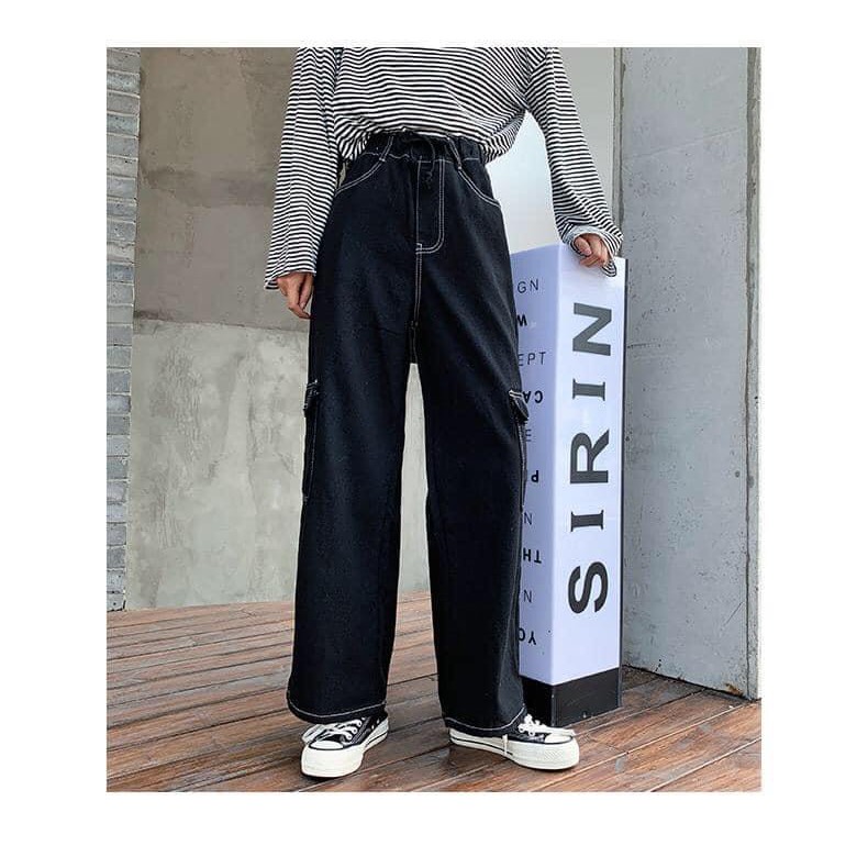 Quần suông ống rộng unisex giả jean viền chỉ lưng cao kèm túi hộp 2 bên màu đen GuuZ Fashionista | BigBuy360 - bigbuy360.vn