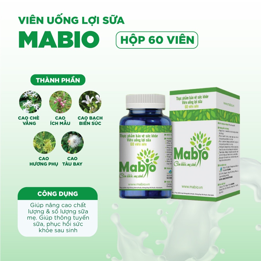 Viên Uống Lợi Sữa Mabio- Giảm Nguy Cơ Mất Sữa, Ít Sữa, Tắc Tia Sữa, Phục Hồi Sức Khỏe Sau Sinh( Hộp 60 Viên)