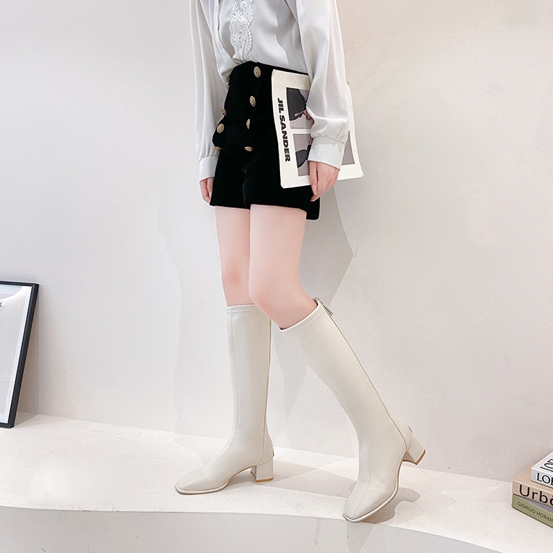 Giày bốt cao gót mũi vuông dài tới gối màu trơn phối khóa kéo thời trang cho nữ