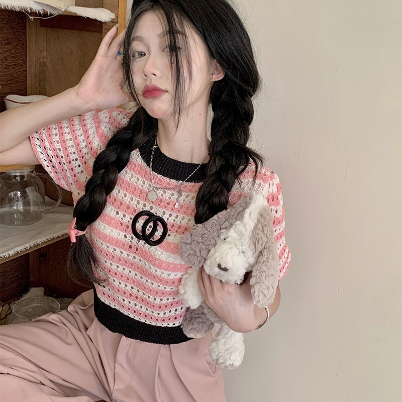 Áo Thun Tay Ngắn Họa Tiết Kẻ Sọc Màu Sắc Ngọt Ngào Phong Cách Retro Thời Trang Cho Nữ