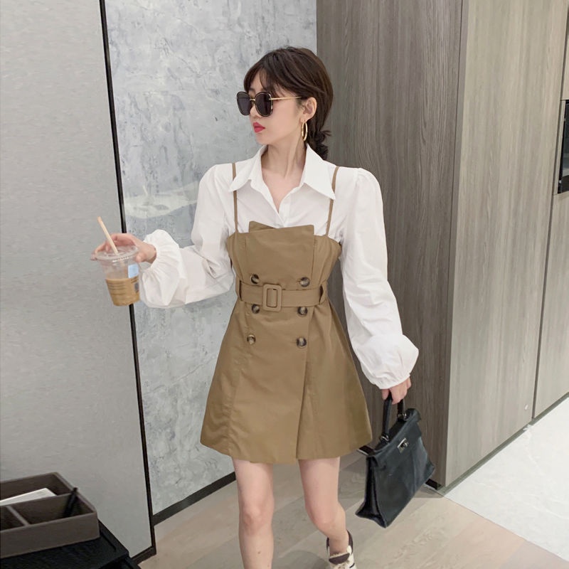 Set Áo Sơ Mi Trắng Tay Dài Phồng + Đầm Hai Dây Phong Cách Hong Kong Thời Trang Cho Nữ