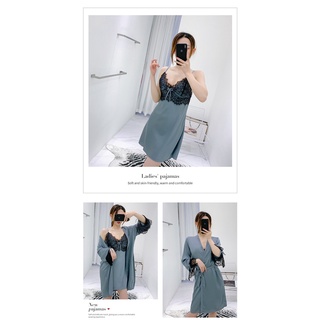 Set Đồ ngủ Lụa 2 dây kèm Áo choàng lụa Ren viền V