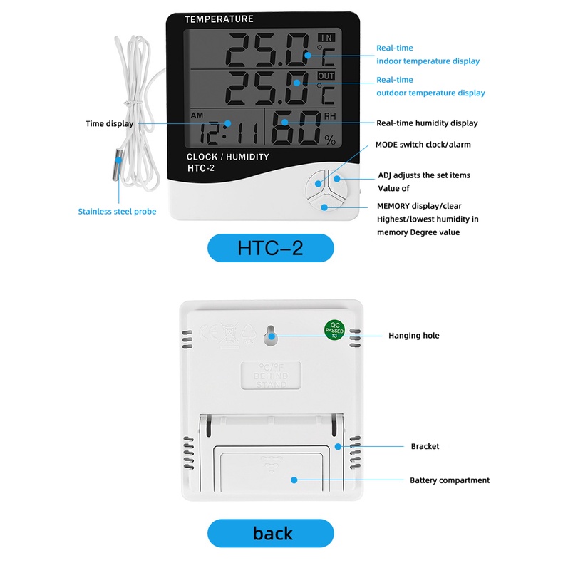 Nhiệt ẩm kế điện tử HTC-2 màn hình LCD, đồng hồ đo độ ẩm phòng, có đầu dò nhiệt độ ngoài trời