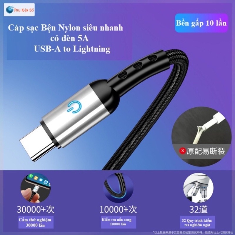 Dây cáp sạc nhanh 5A Type C cho Samsung, Huawei, Xiaomi, Vivo, Realme, Vsmart,….- Cáp sạc bện nylon có đèn 5A