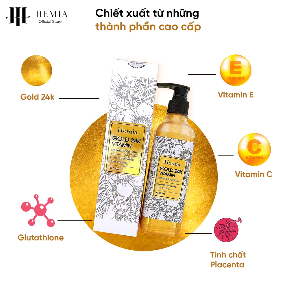 Sữa tắm vàng 24k Hemia trắng da toàn thân thơm lâu cao cấp sang trọng chống lão hoá hiệu quả chai 250ml