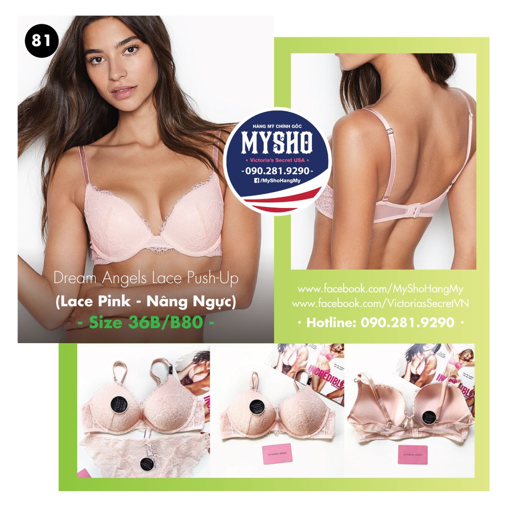 (Hàng Mỹ) 36B/B80 - Áo hồng Lace Pink (81) Dream Angels, nâng ngực, phối ren, lưới cá tính - Victoria's Secret