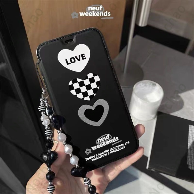 Bao Da Điện Thoại Nắp Lật Họa Tiết Kẻ Sọc / Trái Tim Có Dây Đeo Tay Cho iPhone13 13pro max12 8plus