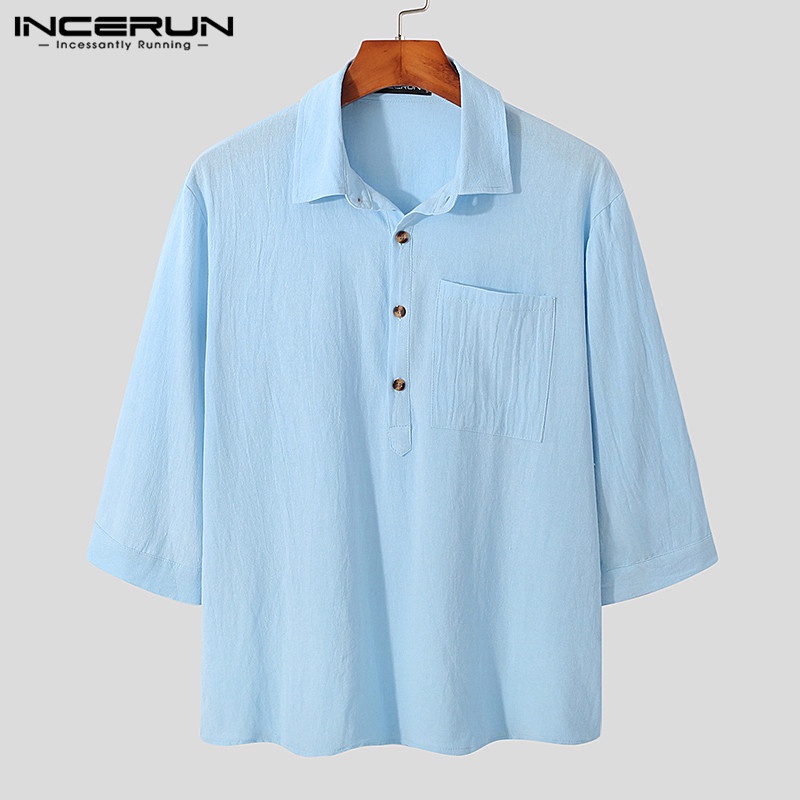 INCERUN Áo Sơ Mi 100% Cotton Tay 3 / 4 Thời Trang Mùa Hè Cho Nam Giới