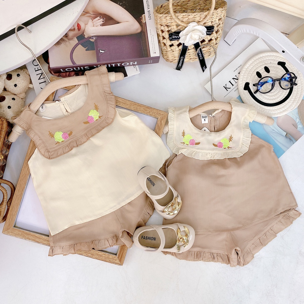 Bộ Áo Váy Kèm Ren Thiết Kế Hot Trend Cho Bé Gái Chất Liệu Vải Đũi Mềm Đủ Size Từ 8-20Kg VNXK Nhật-Hàn
