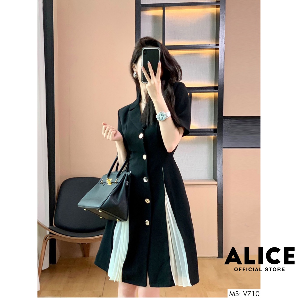 Đầm Công Sở Cổ Vest Phối Dập Ly ALICE V710, Váy Đen Thiết Kế Tôn Dáng Sang Trọng | BigBuy360 - bigbuy360.vn