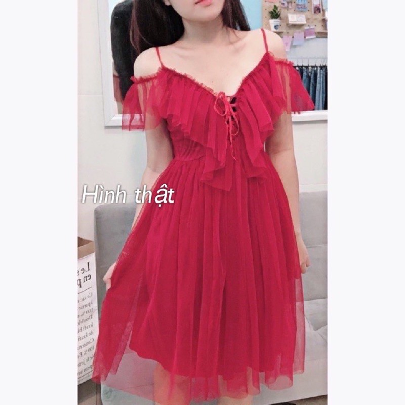 Đầm lưới côn chúa 2 dây trễ vai, kèm clip và hình thật | BigBuy360 - bigbuy360.vn