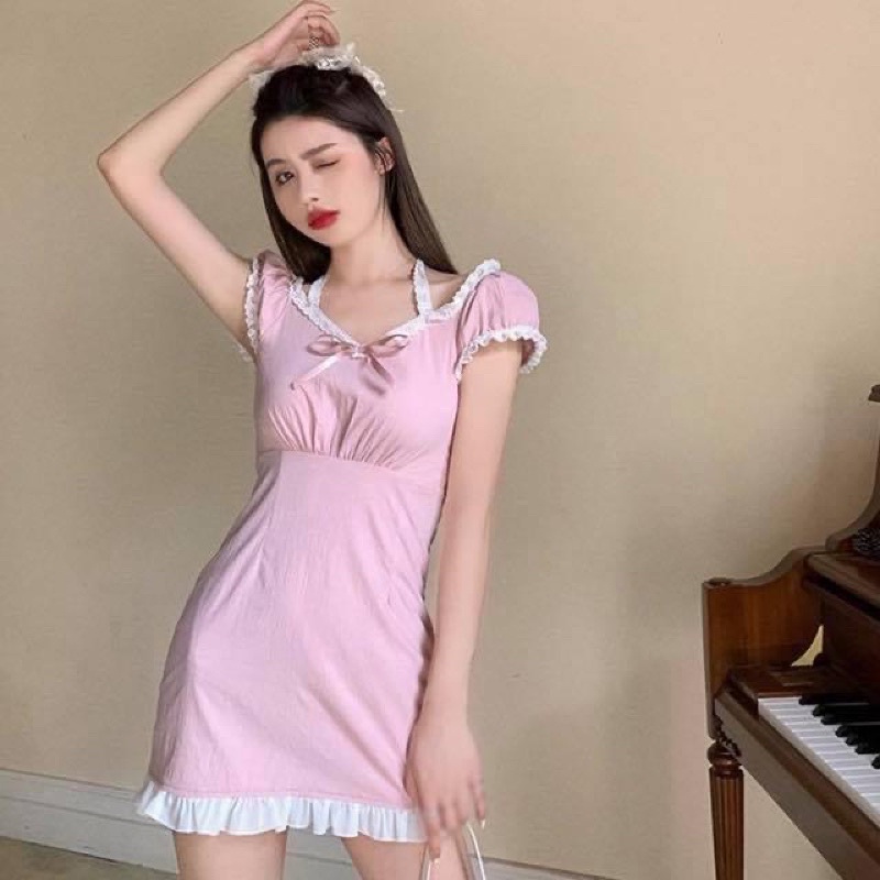 Đầm kiểu ngắn nữ ôm sát body phối dây yếm ren bèo nơ hồng - Order taobao quảng châu