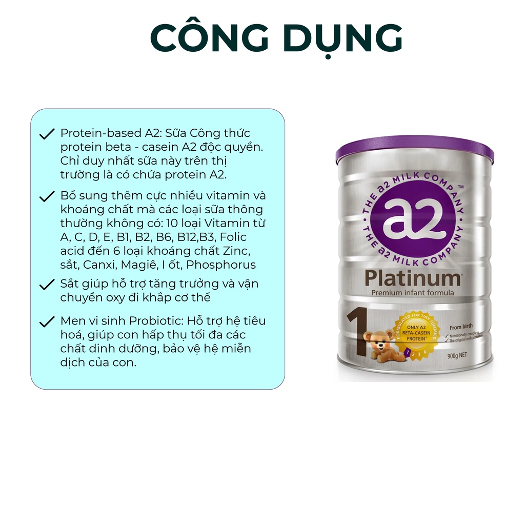 Sữa bột A2 Platinum Úc số 1,2,3,4 hỗ trợ phát triển toàn diện cho trẻ hộp 900g