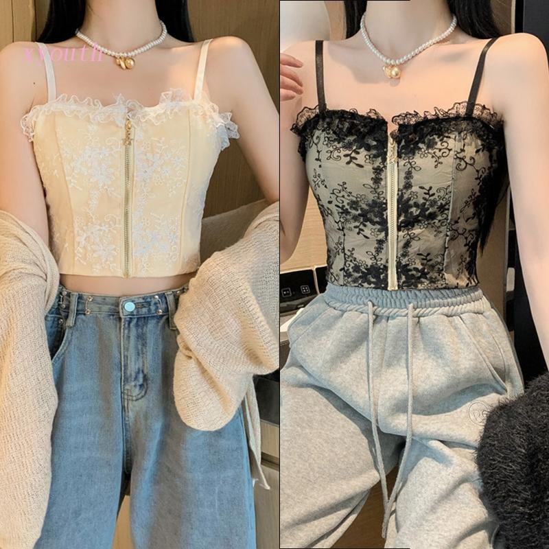 Áo Croptop Sát Nách Phối Ren Có Khóa Kéo Phía Trước Thời Trang Mùa Hè Cho Nữ