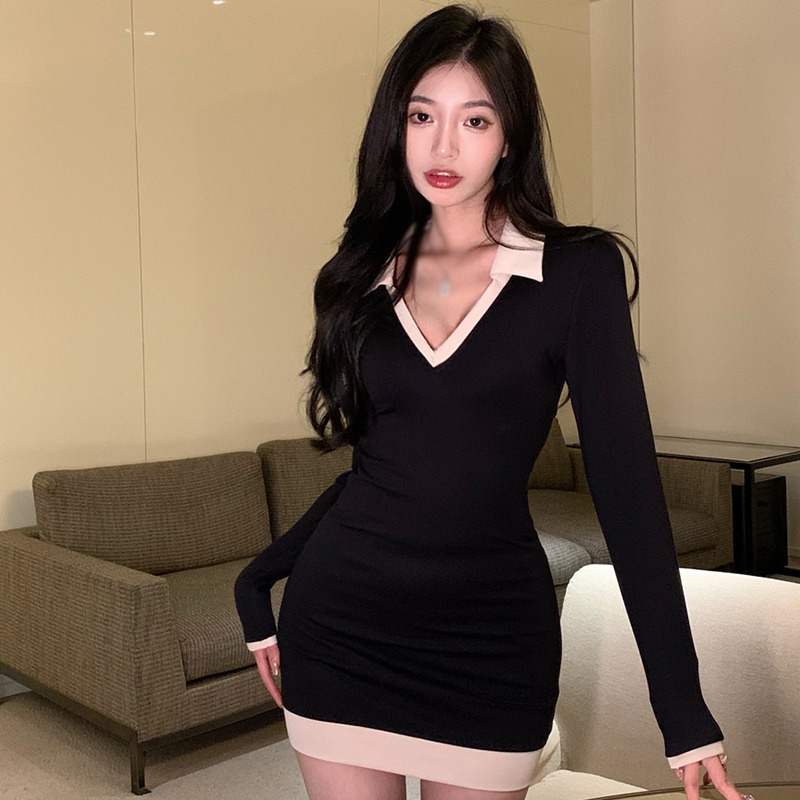 Đầm Mini Tay Dài Phối Màu Phong Cách Hàn Quốc Thời Trang Cho Nữ