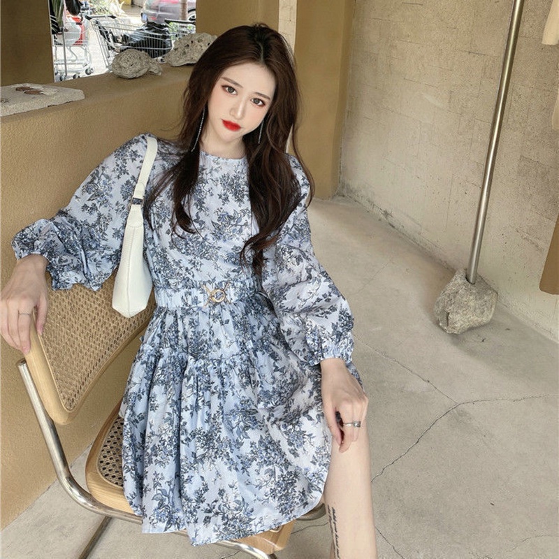 Đầm xòe IELGY tay dài cổ tròn in họa tiết thời trang thanh lịch cho nữ