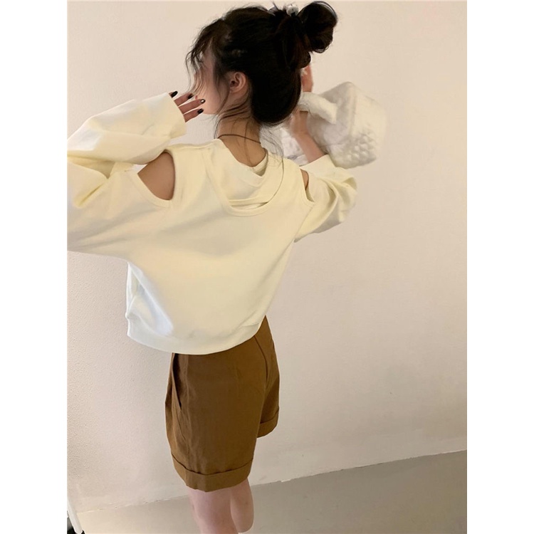 Jiashucheng Áo Sweatshirt Dáng Rộng Ngắn Hở Vai Màu Xanh Dương Khoét Lỗ Size Lớn Thời Trang Mùa Thu Cho Nữ