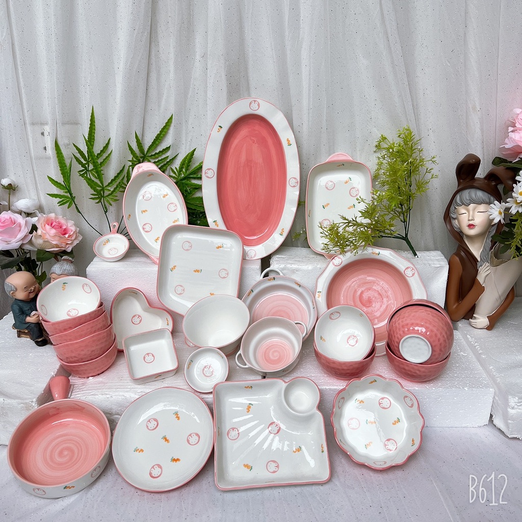 Chén Dĩa Dễ Thương Đĩa Sứ Set Bát Đĩa Decor Bát Ăn Cơm Chén Sứ Đẹp Thỏ Hồng Cute B45