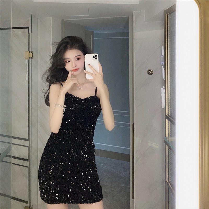 Đầm hai dây ôm body sexy Bling Bling tông đen cực xinh hàng Quảng châu