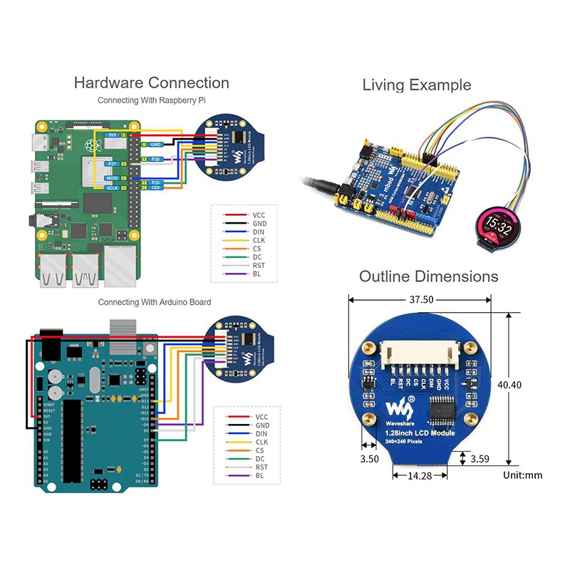 Bảng Mạch Waveshare 1.28in Round Lcd Ulefone 65k Rgb Color Cho Raspberry Pi