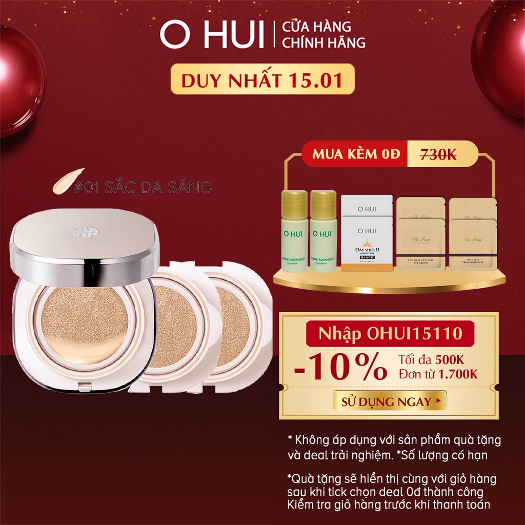 [Mã VISAPREMIUM giảm 150K]Phấn nước dưỡng ẩm OHUI Miracle Moisture Chiffon SPF50 15g Tặng thêm 2 lõi refill (2x15g)