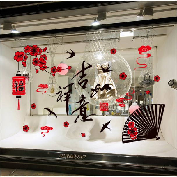 Decal trang trí tết - Chữ lớn và Quạt trang trí