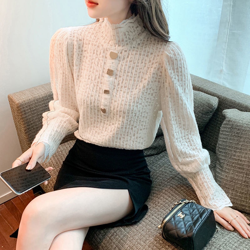 Áo ren cổ cao mỏng phong cách retro Pháp thời trang thu đông mới cho nữ 2021