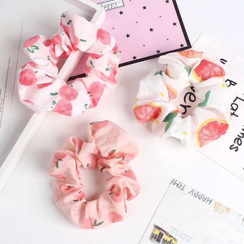 Dây buộc tóc scrunchies hoạ tiết trái cây ngọt ngào