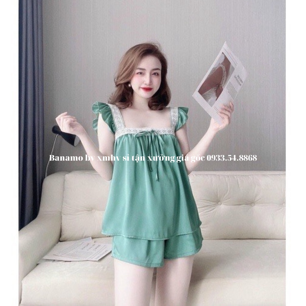 Bộ lụa satin phối ren cao cấp siêu đẹp thời trang Banamo fashion bộ lụa satin 174