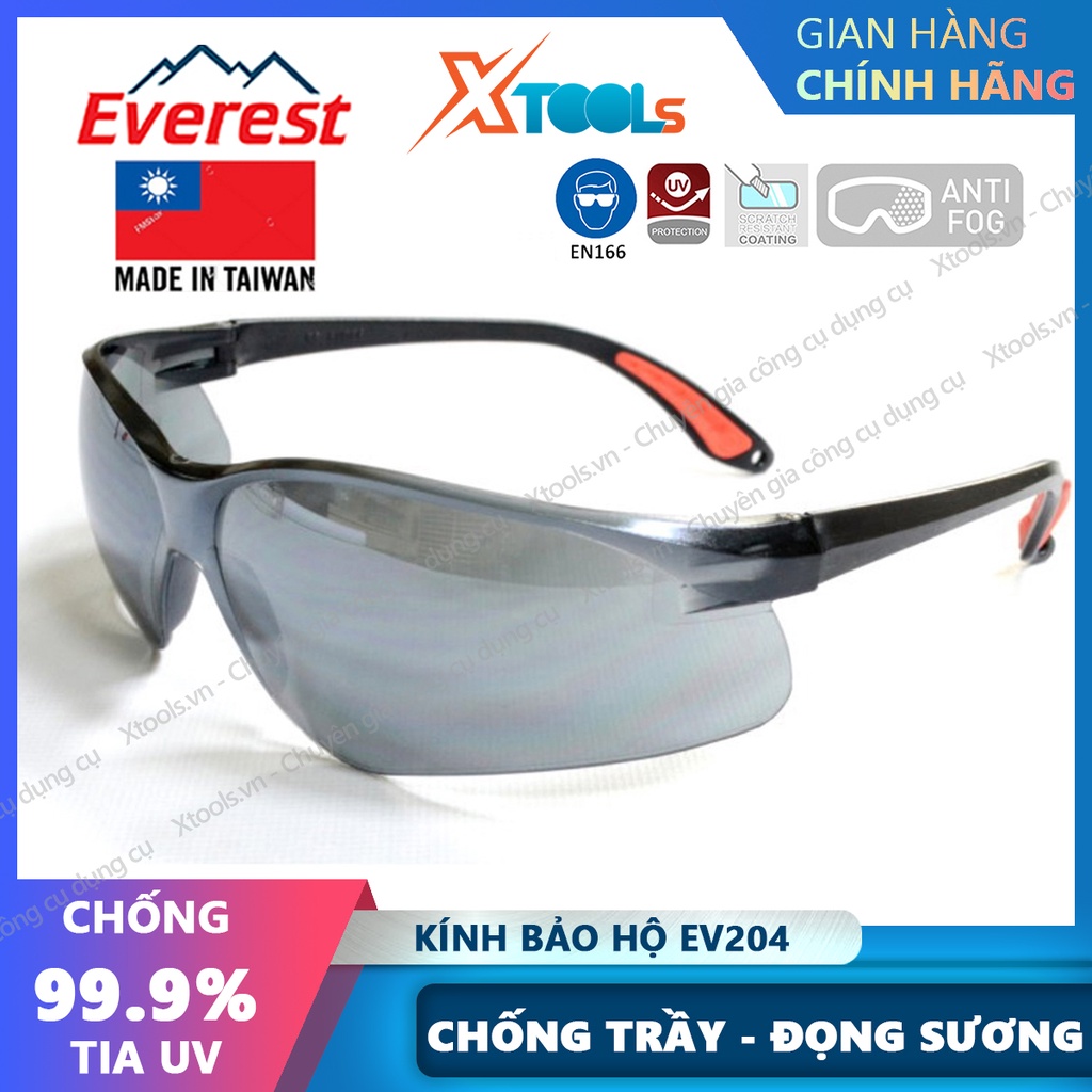 Kính bảo hộ Everest EV204 Kính chống tia UV, chống bụi đọng sương bảo vệ mắt khi đi xe, lao động, tròng đen tráng bạc