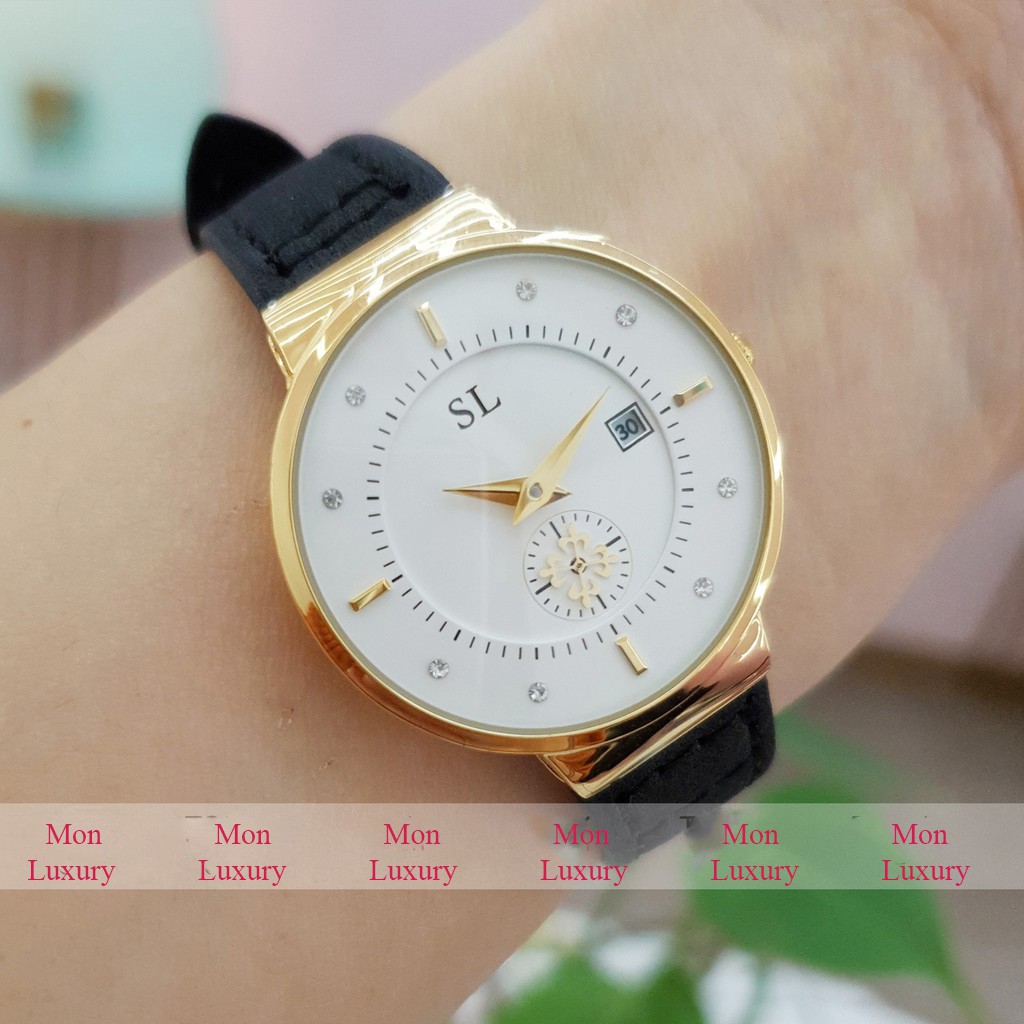 Đồng hồ nữ SL kim rốn dây da đen mặt siêu mỏng độc đáo chống nước chính hãng