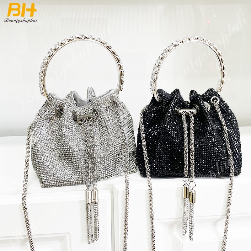 Túi Bucket Cầm Tay Đính Đá Phối Tua Rua Toàn Diện Thời Trang Cho Nữ