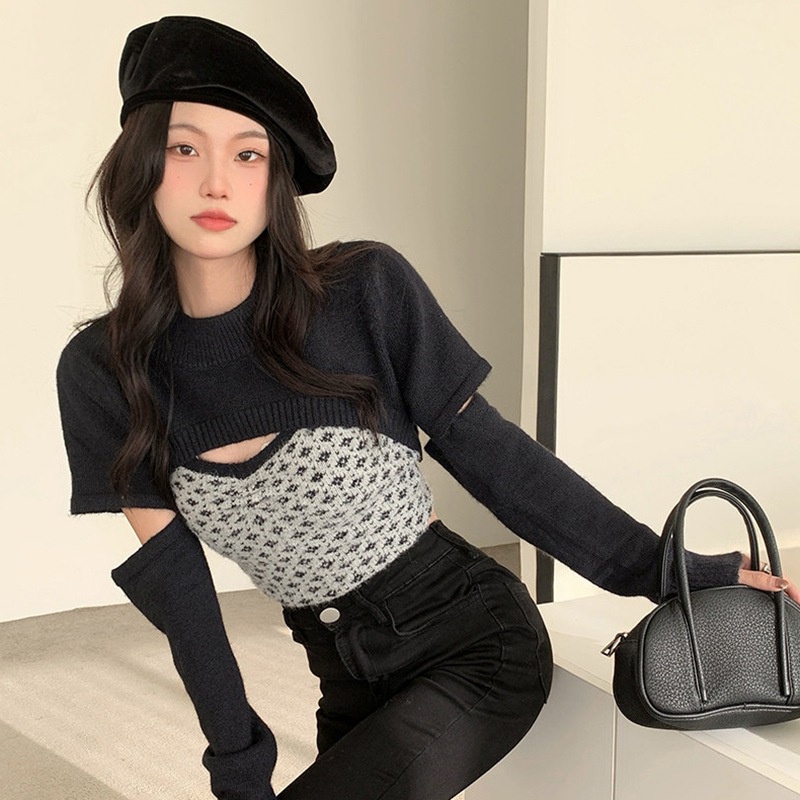 Set Áo Croptop 2 Dây Cổ Chữ V + Áo Khoác Cardigan Thời Trang Cho Nữ