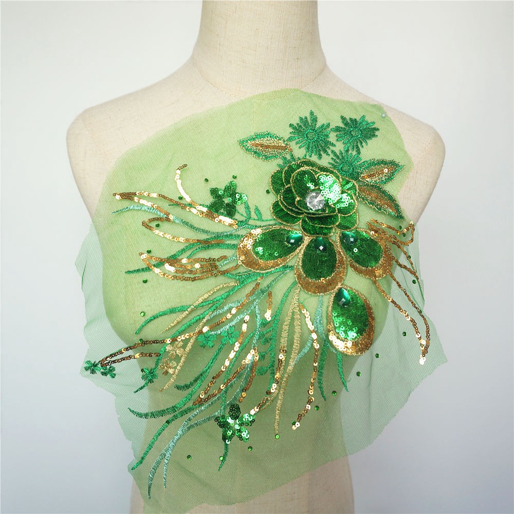 Miếng Vải Ren Thêu Hình Lông Công Đính Kim Sa Lấp Lánh Trang Trí Váy Cưới diy