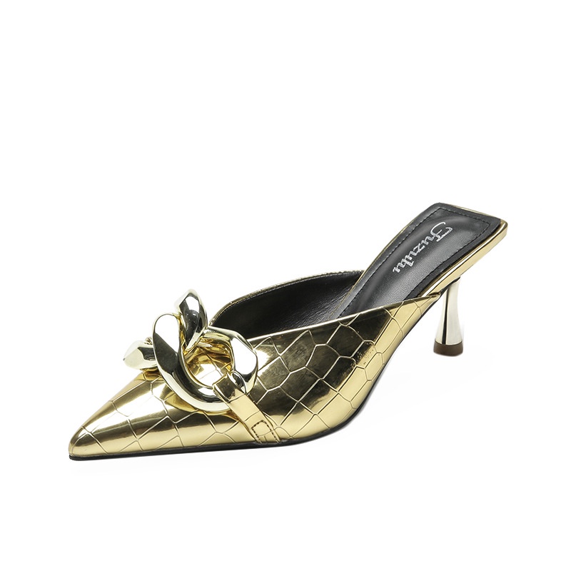 Dép cao gót IELGY mũi nhọn màu bạc phối dây xích thời trang