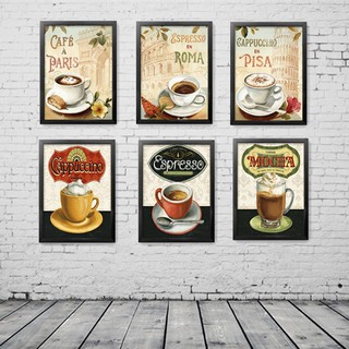 Tranh treo tường quán caffe bộ MS067 chủ đề cốc cafe vintage chất liệu canvas