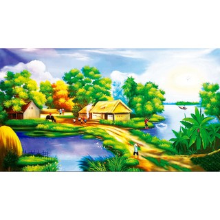 Tranh dán tường làng quê Việt Nam - VẢI LỤA  phủ kim sa (kích thước theo yêu cầu)
