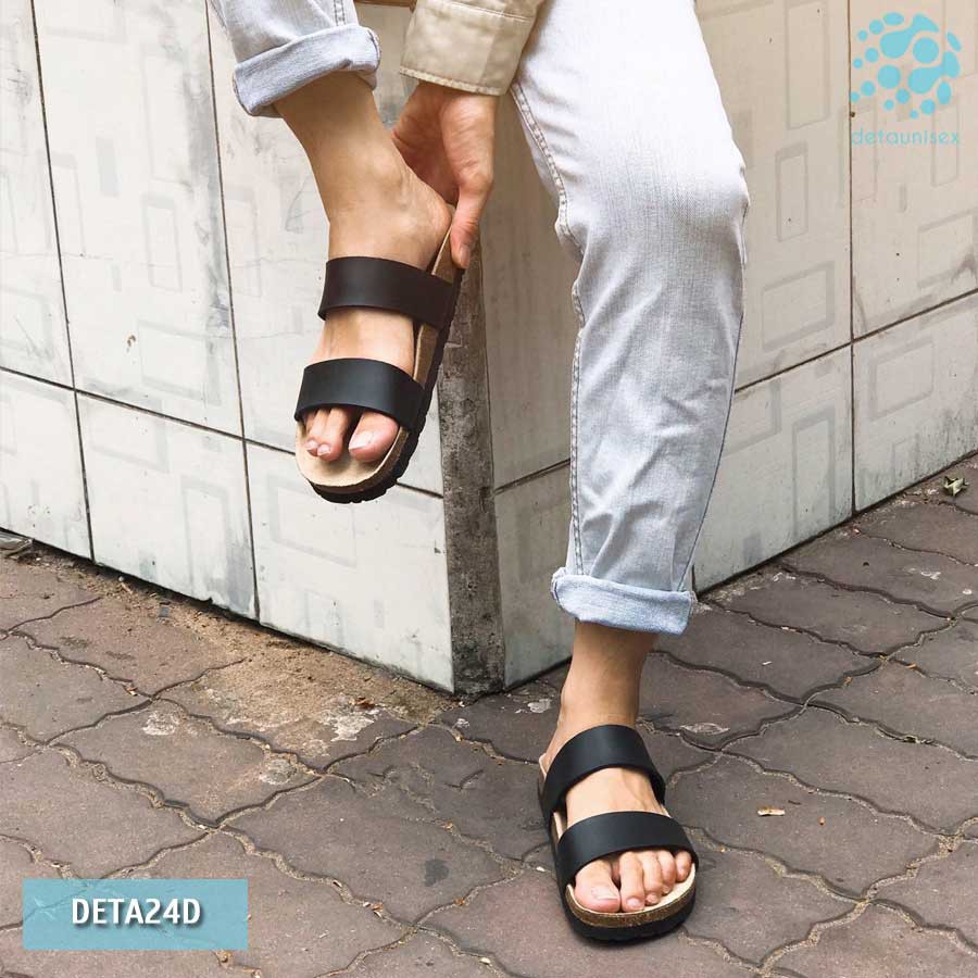 [CỰC RẺ] DÉP ĐẾ TRẤU 2 QUAI NGANG BIRKEN DA PU ĐEN - DETA24D