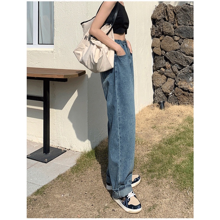 Quần Jean Ống Rộng Lưng Cao Màu Xanh Dương 2022 Thời Trang Xuân Thu Phong Cách Mới Cho Nữ