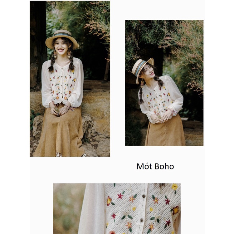 Áo móc len kem thêu hoa màu sắc MÓT BOHO