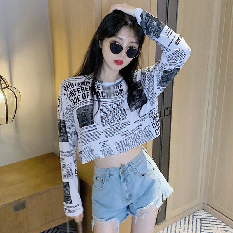 Áo Thun Lửng Tay Dài Cổ Tròn In Họa Tiết Tờ Báo Thời Trang Hàn Quốc Cho Nữ