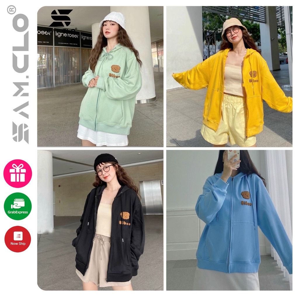 Áo khoác nỉ SAM CLO có mũ - ÁO HOODIE khóa kéo freesize nữ dáng unisex mặc nhóm, cặp - couple thêu hình GẤU BIBOO