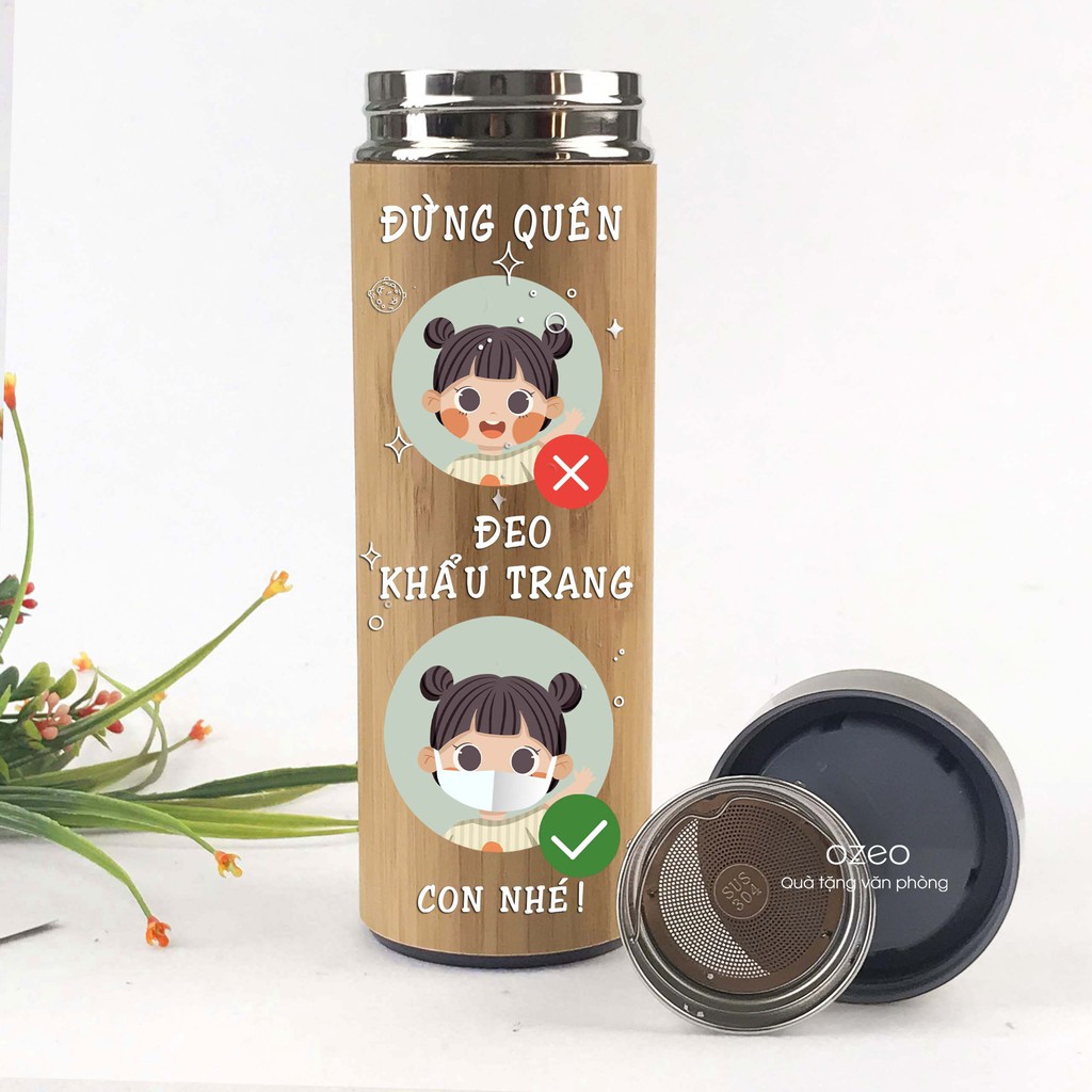 Bình Giữ Nhiệt Tre Inox Không Gỉ, 450ml [ Đặt Khắc, In Ấn Màu Theo Yêu Cầu ] Bảo Quản Nhiệt Độ Tốt_ Ozeo